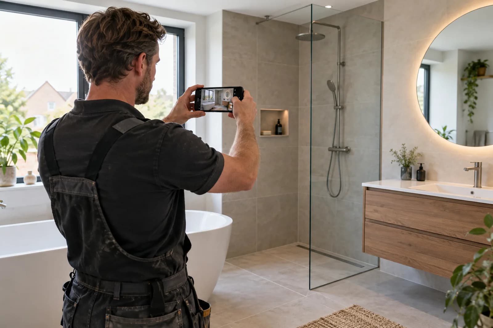 Vakman fotografeert zijn afgewerkte badkamer voor zijn website