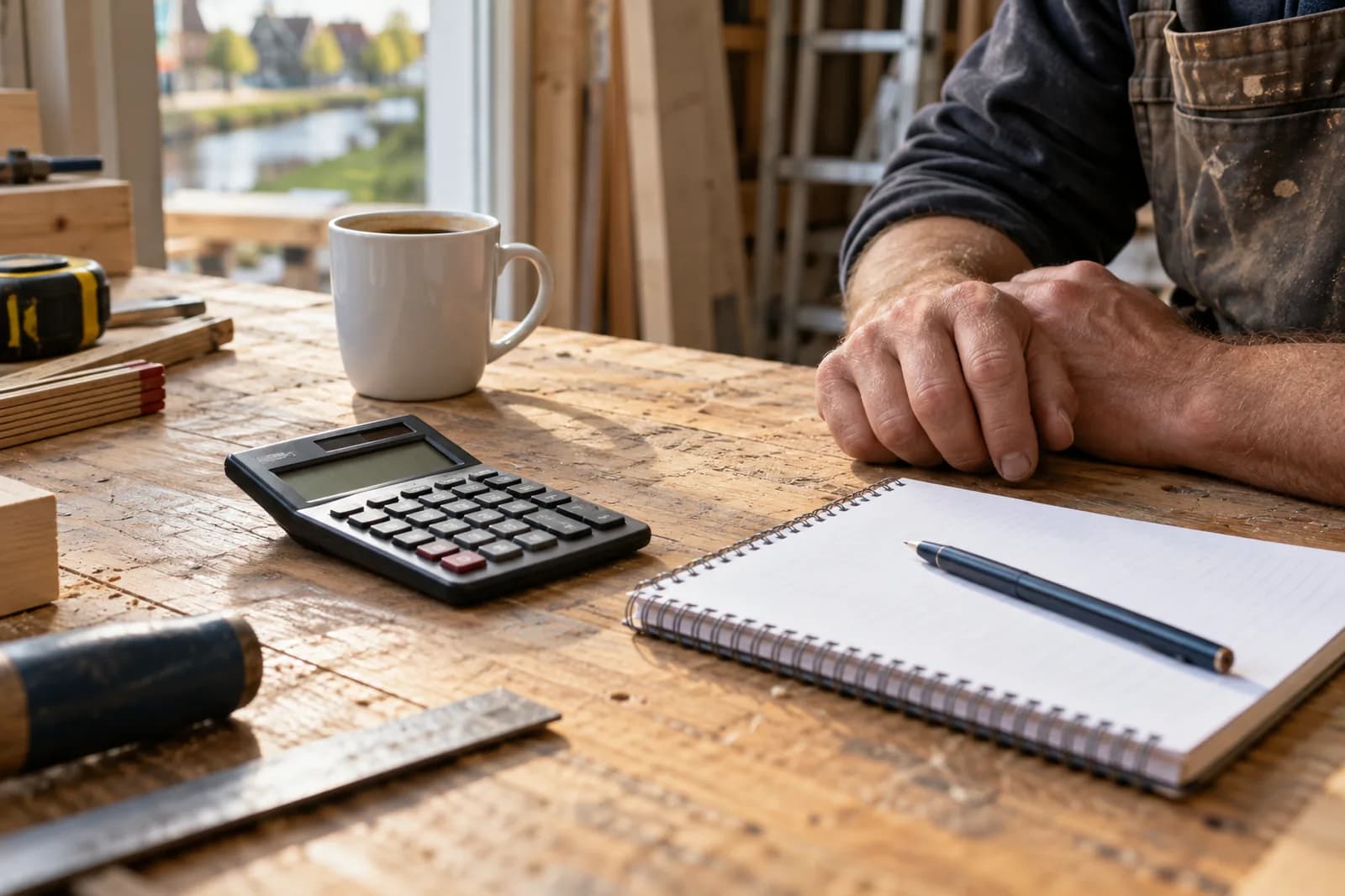 Calculator, notitieblok en koffie op een houten werkbank