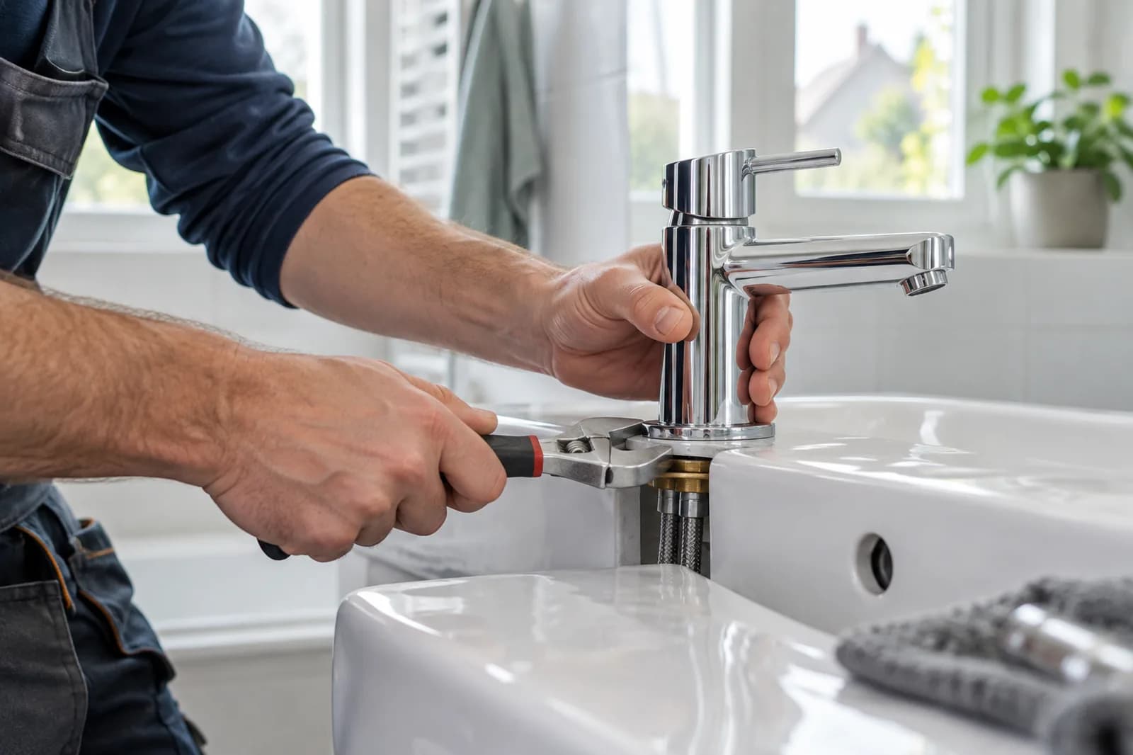 Loodgieter monteert een kraan in een lichte badkamer