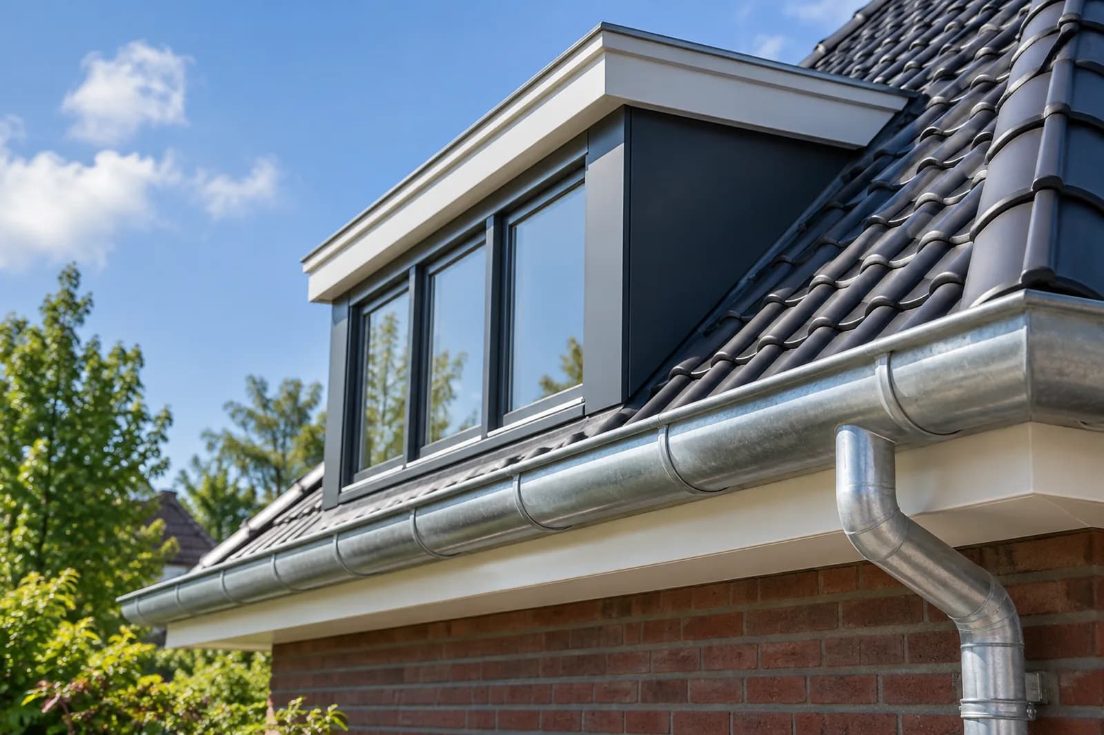 Nieuw dak met zinken goot en dakkapel in de zon