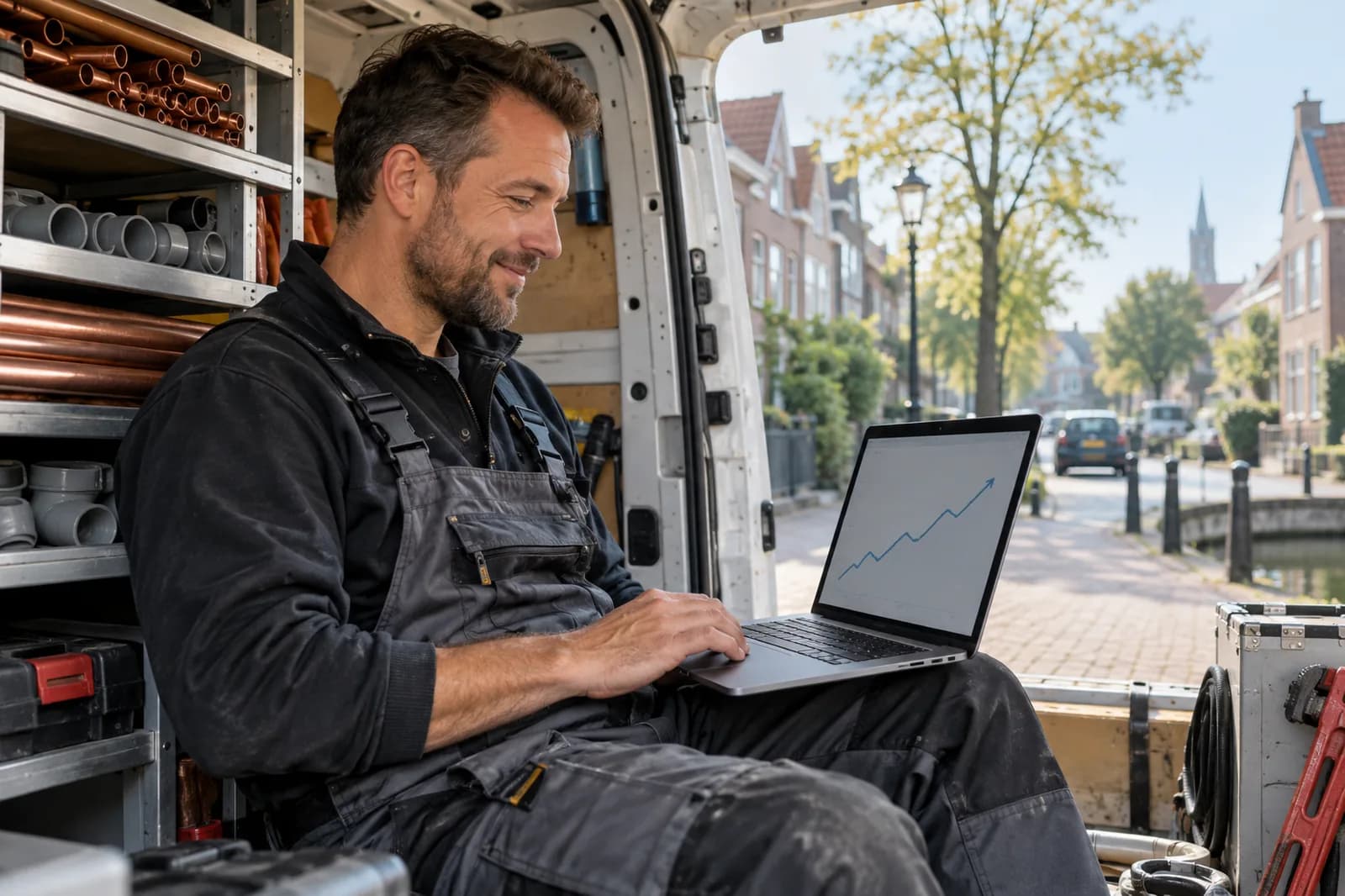 Online marketing voor vakmensen: vakman bekijkt zijn websitestatistieken bij zijn werkbus