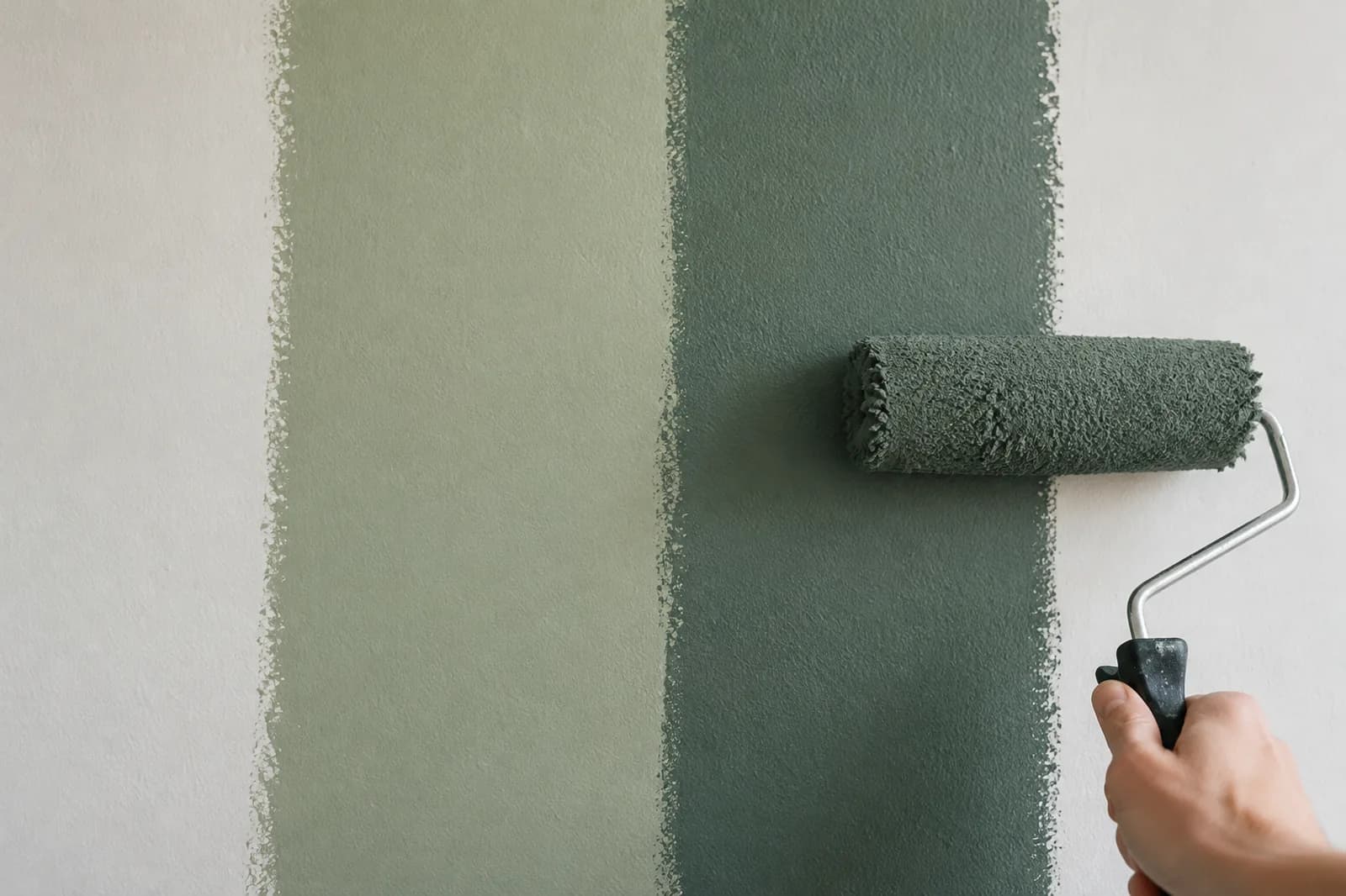 Verfroller met groene kleurstroken op een witte muur