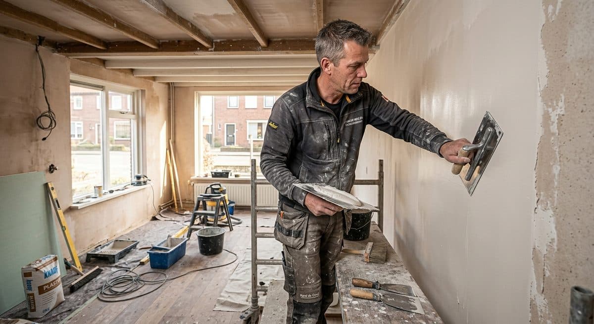 Stucadoor vakman aan het werk op een wand in Groningen — professioneel stucwerk