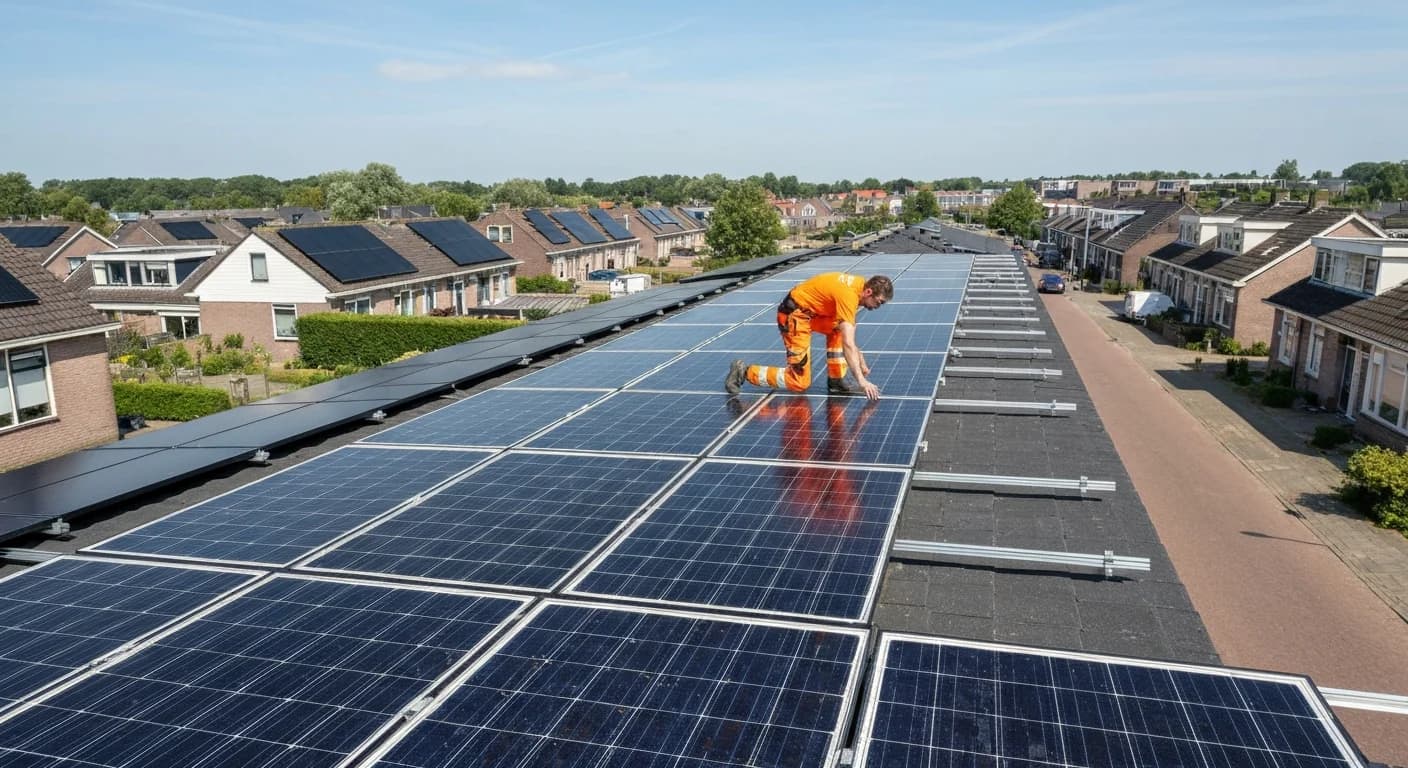 Zonnepanelen installateur bezig met installatie op dak in Groningen