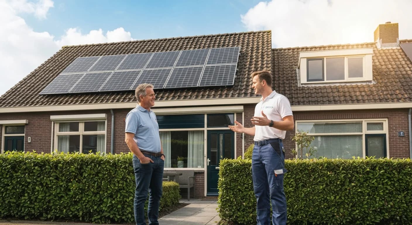 Zonnepanelen installateur legt systeem uit aan huiseigenaar