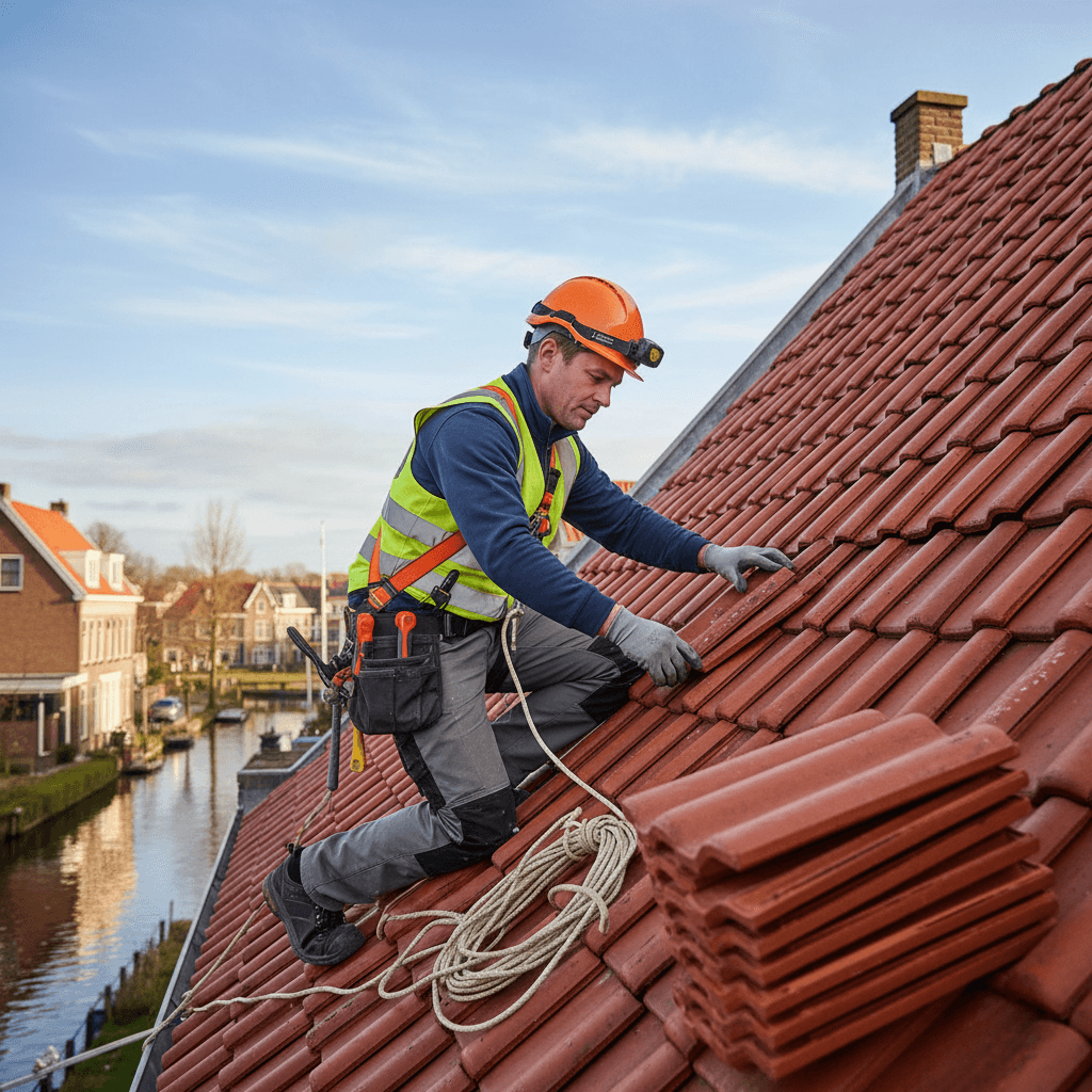 Dakdekker vakman aan het werk op een pannendak in Groningen — professionele dakrenovatie Noord-Nederland