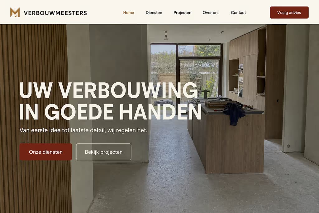 Voorbeeld aannemerswebsite, Verbouwmeesters (Verbouw · vertrouwd)