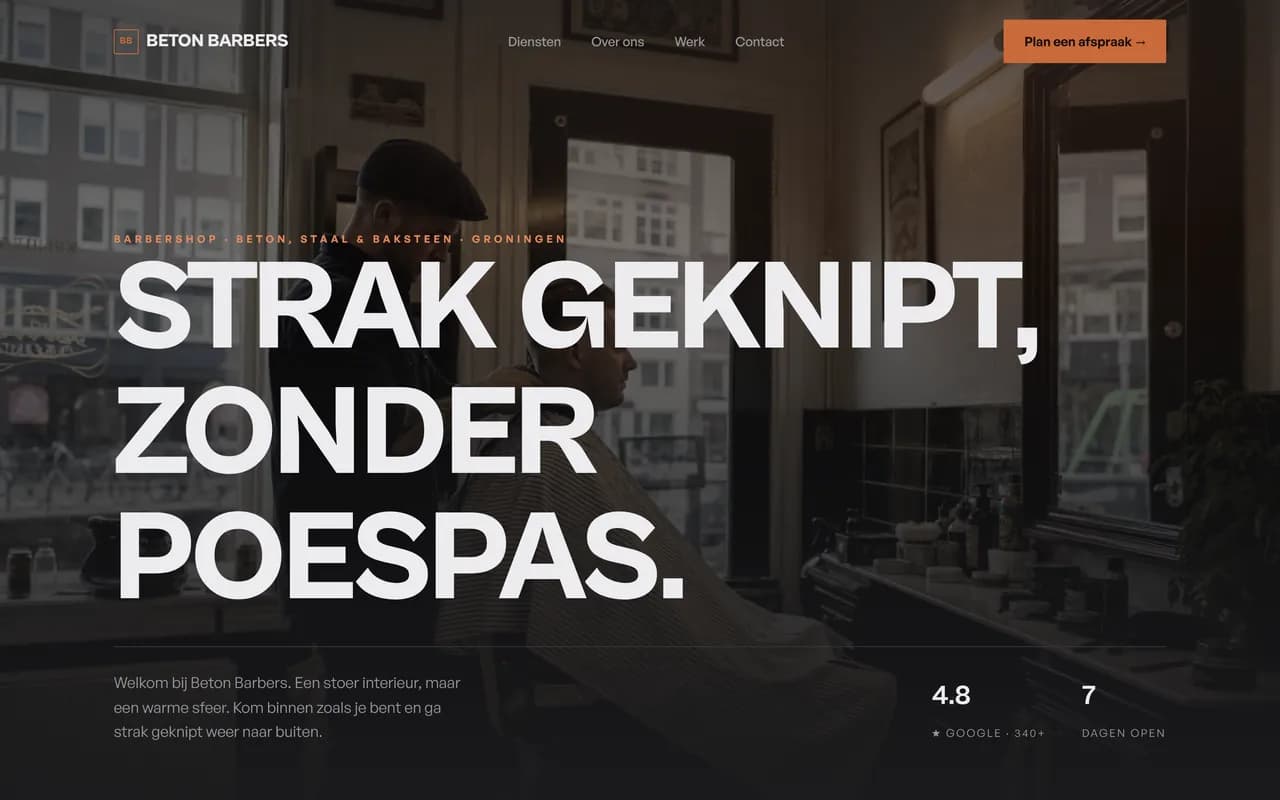 Voorbeeld kapperswebsite — Beton Barbers (Barbershop · industrieel)