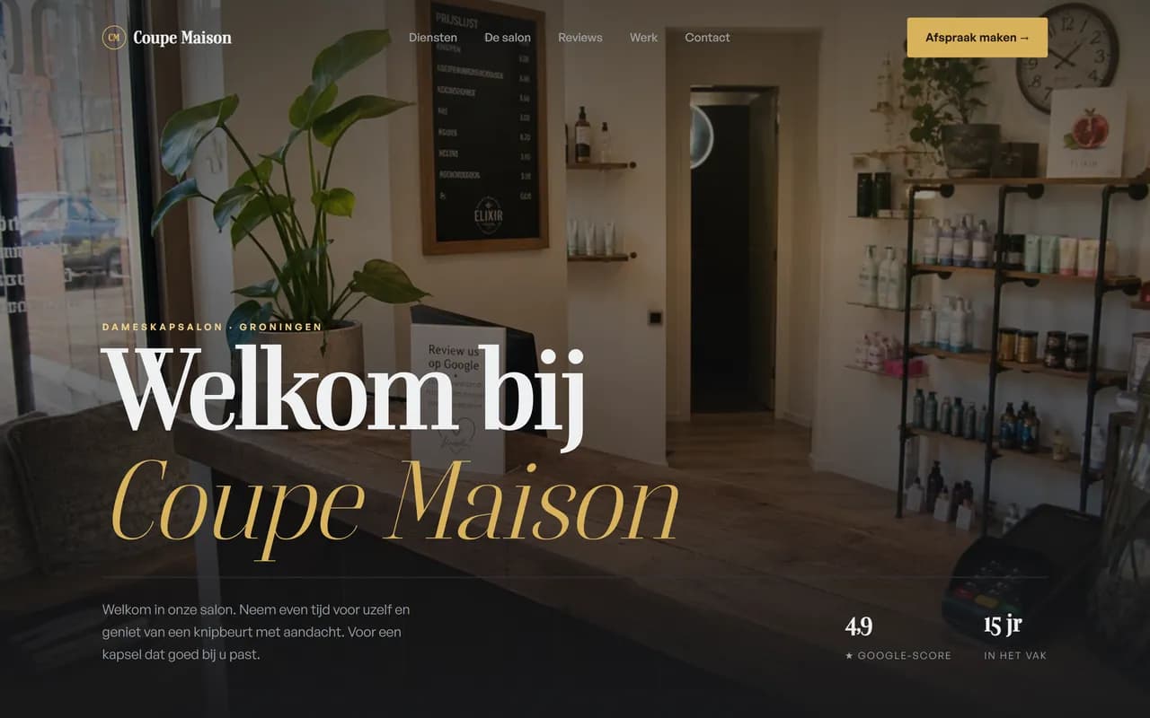 Voorbeeld kapperswebsite — Coupe Maison (Dameskapsalon · editorial)