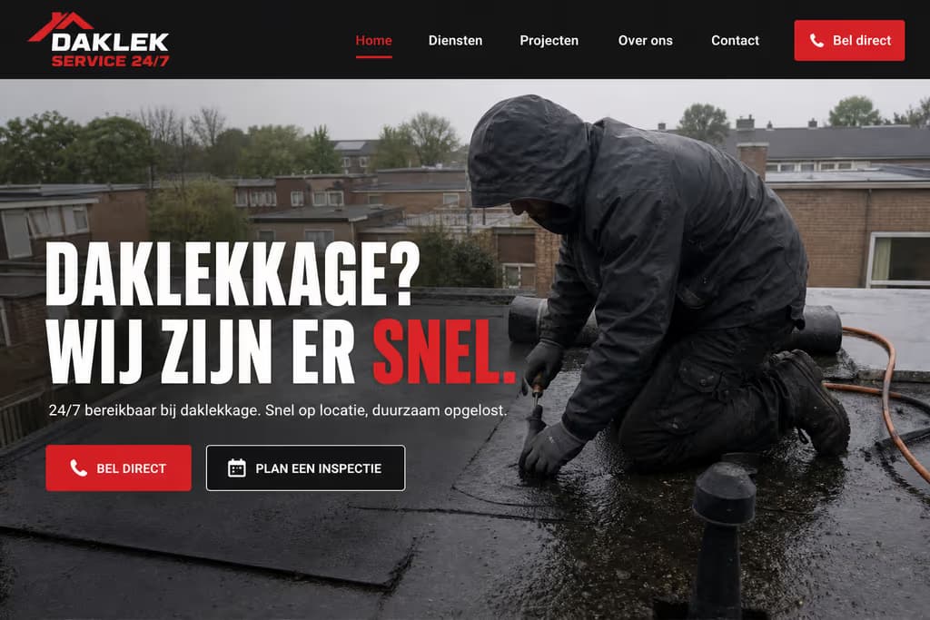 Voorbeeld dakdekkerswebsite — Daklek Service 24/7 (Spoed reparatie · direct)
