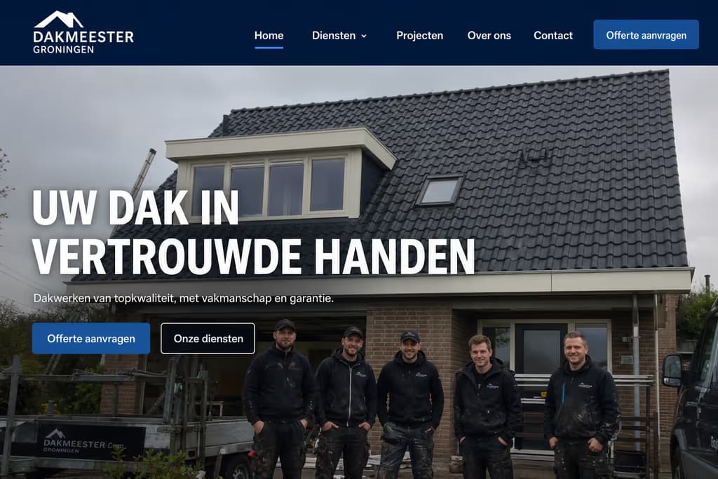 Voorbeeld dakdekkerswebsite — Dakmeester Groningen (Dakwerken · strak & zakelijk)
