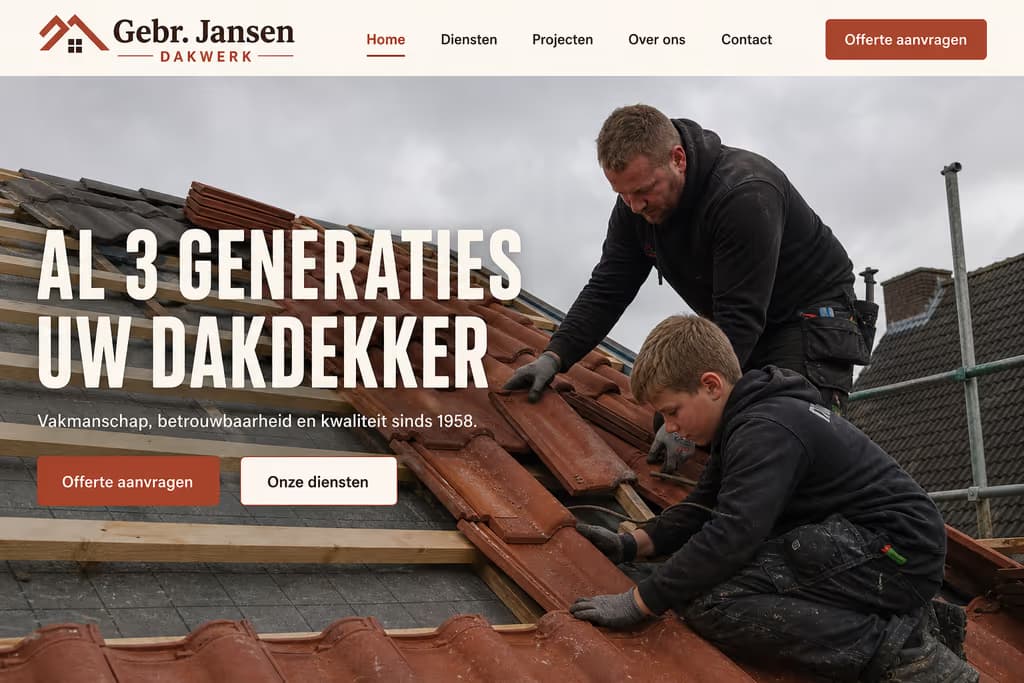 Voorbeeld dakdekkerswebsite — Gebr. Jansen Dakwerk (Familiebedrijf · warm & vertrouwd)