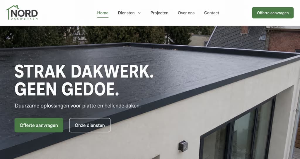 Voorbeeld dakdekkerswebsite — NORD Dakwerken (Modern minimal · architectonisch)