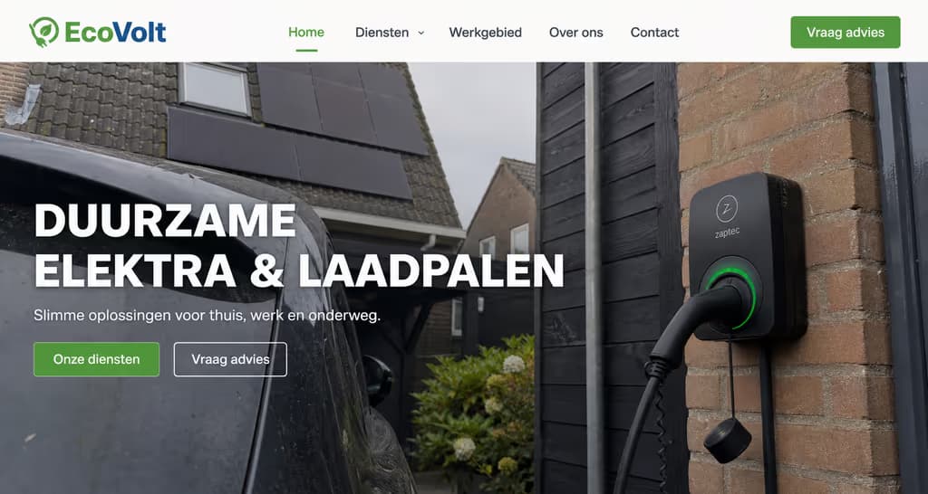 Voorbeeld elektricienswebsite — EcoVolt (Laadpalen & zonne-energie)