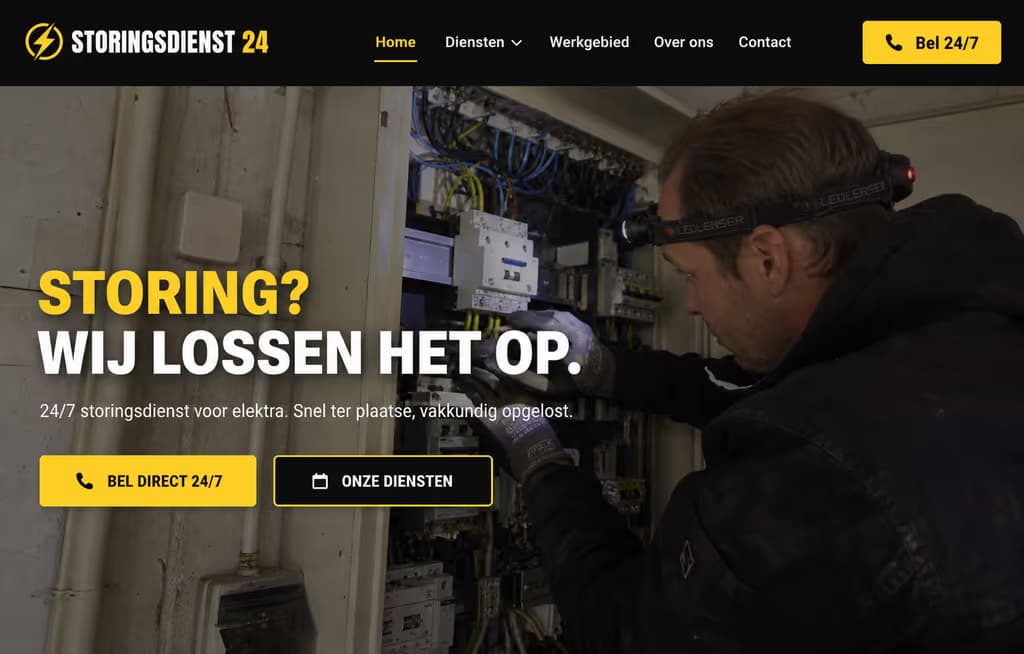 Voorbeeld elektricienswebsite — Storingsdienst 24 (Storingsdienst · 24/7)