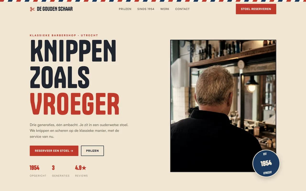 Voorbeeld kapperswebsite — De Gouden Schaar (Klassieke barbershop)