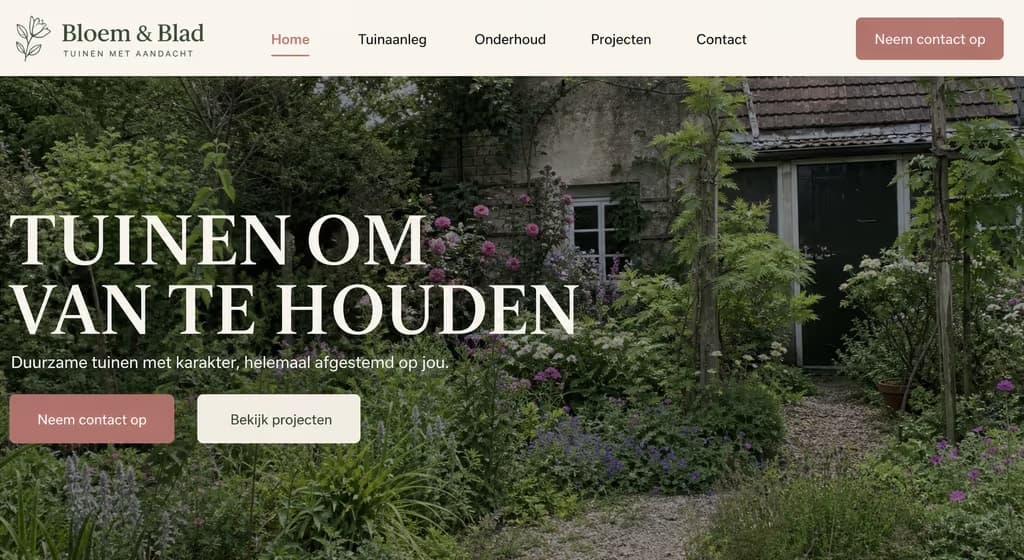 Voorbeeld hovenierswebsite — Bloem & Blad (Sfeertuinen · warm)