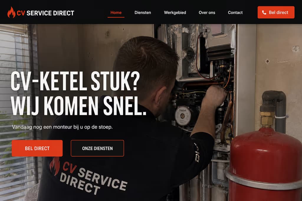 Voorbeeld installateurswebsite: CV Service Direct (CV-storing · spoed)