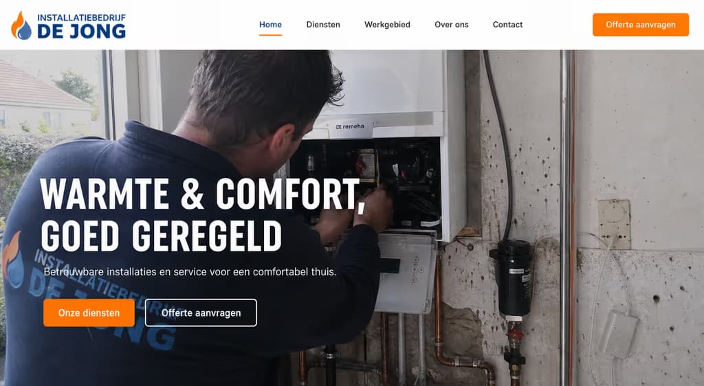 Voorbeeld installateurswebsite: Installatiebedrijf De Jong (Installateur · CV & sanitair)