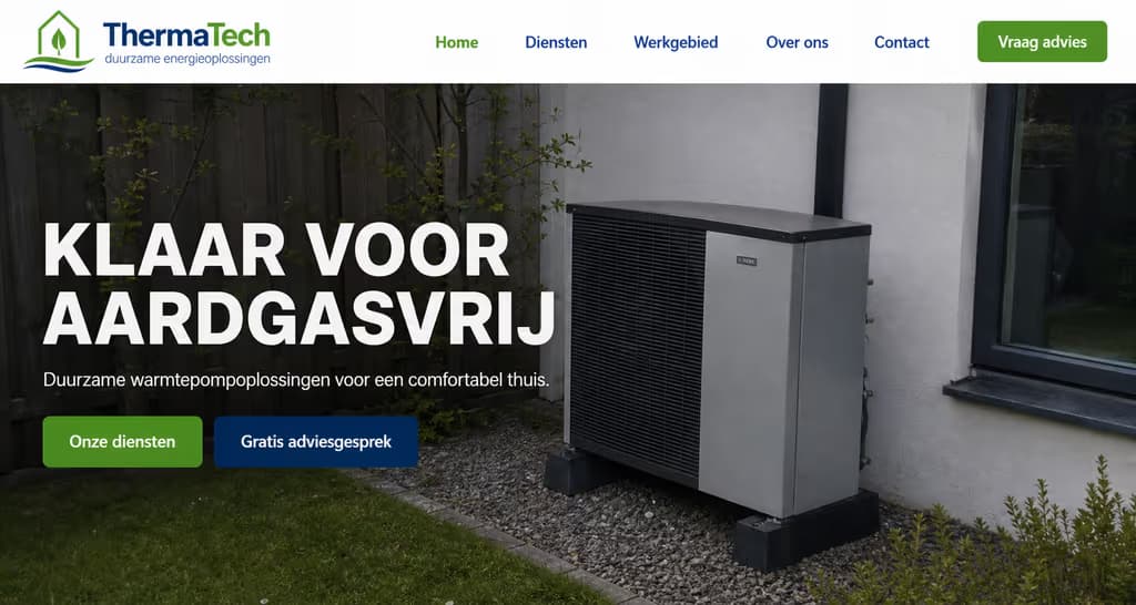 Voorbeeld installateurswebsite: ThermaTech (Warmtepompen · duurzaam)