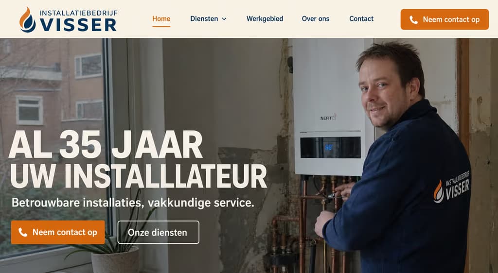 Voorbeeld installateurswebsite: Installatiebedrijf Visser (Familiebedrijf · vertrouwd)