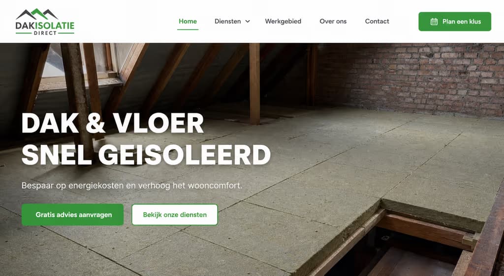 Voorbeeld isolatiewebsite: Dakisolatie Direct (Dak & vloer · fris)
