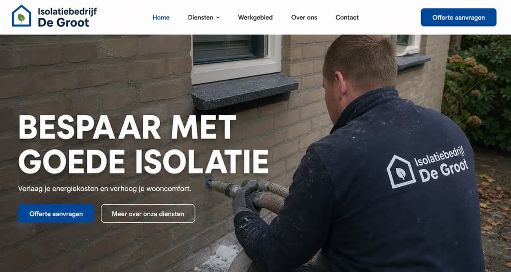 Voorbeeld isolatiewebsite: Isolatiebedrijf De Groot (Isolatie · betrouwbaar)
