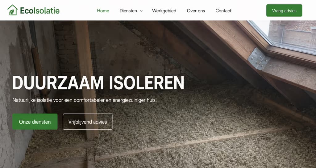 Voorbeeld isolatiewebsite: EcoIsolatie (Duurzaam · groen)