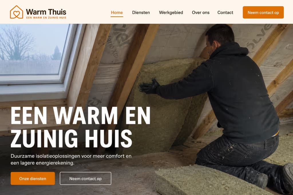 Voorbeeld isolatiewebsite: Warm Thuis (Familiebedrijf · warm)