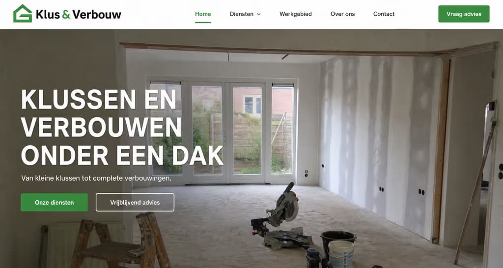 Voorbeeld klusbedrijfswebsite — Klus & Verbouw (Verbouw · fris)