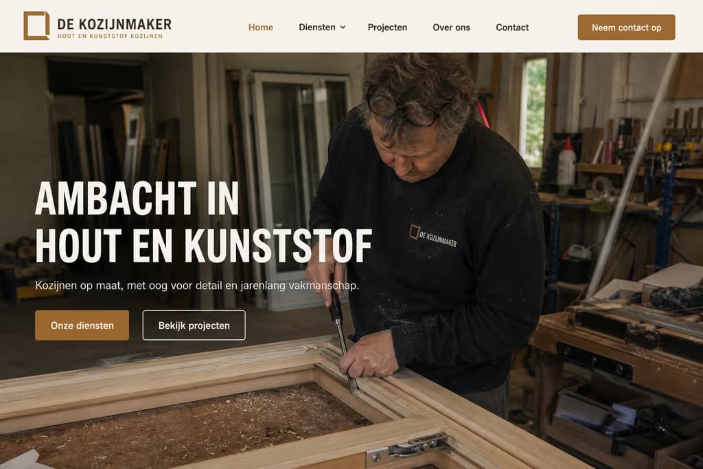 Voorbeeld kozijnwebsite, De Kozijnmaker (Hout & ambacht · warm)