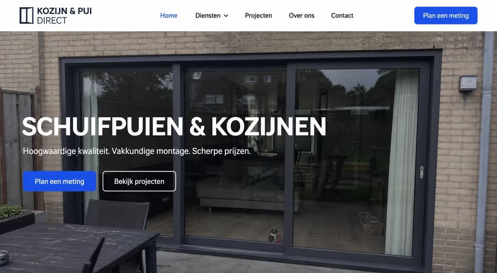 Voorbeeld kozijnwebsite, Kozijn & Pui Direct (Schuifpuien · fris)