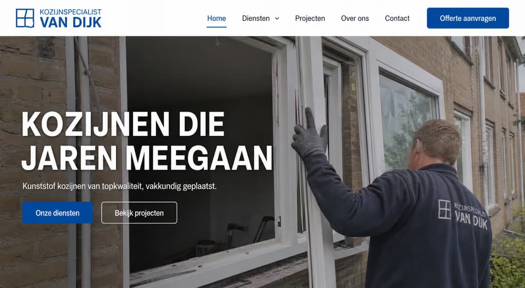 Voorbeeld kozijnwebsite, Kozijnspecialist Van Dijk (Kunststof · betrouwbaar)