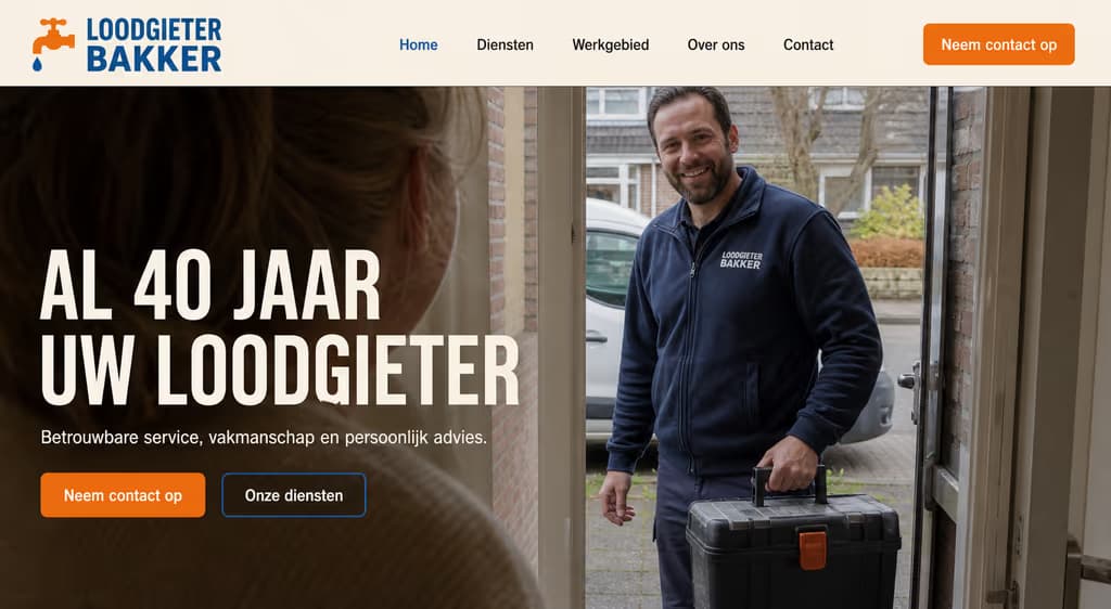 Voorbeeld loodgieterswebsite — Loodgieter Bakker (Familiebedrijf · vertrouwd)