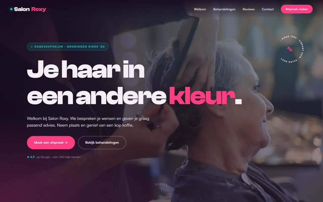 Voorbeeld kapperswebsite — Salon Roxy (Dameskapsalon · vibrant)
