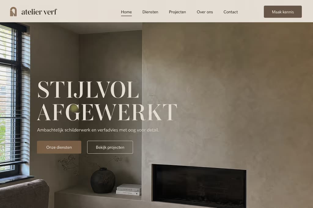 Voorbeeld schilderswebsite — Atelier Verf (Interieur · minimal luxe)