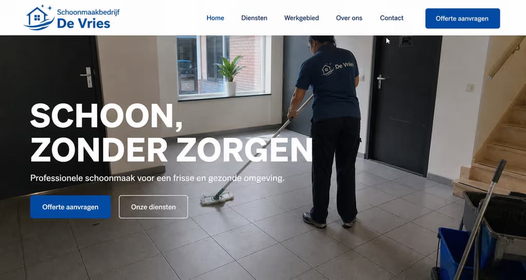 Voorbeeld schoonmaakwebsite — Schoonmaakbedrijf De Vries (Schoonmaak · betrouwbaar)