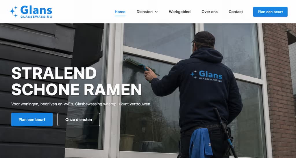 Voorbeeld schoonmaakwebsite — Glans Glasbewassing (Glazenwasser · fris)