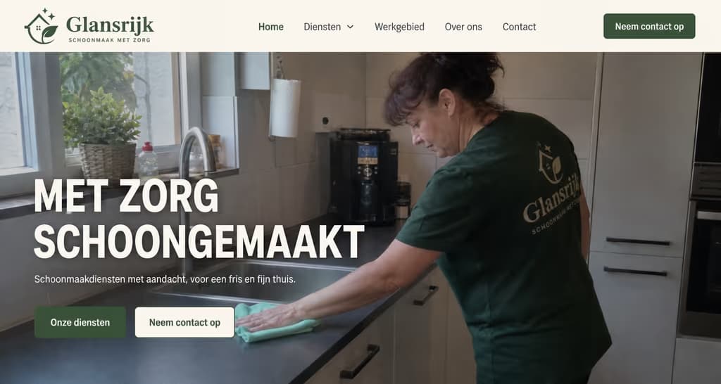 Voorbeeld schoonmaakwebsite — Glansrijk (Familiebedrijf · warm)