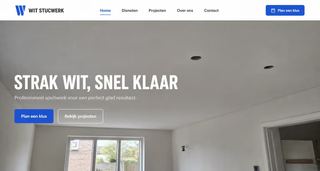 Voorbeeld stukadoorswebsite — Wit Stucwerk (Spuitwerk · fris minimal)