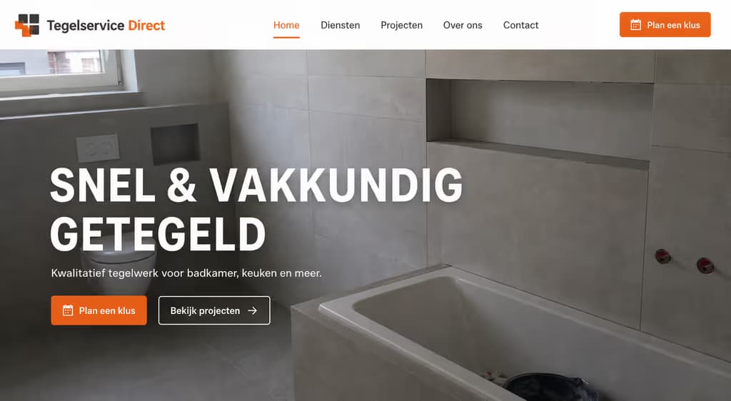 Voorbeeld tegelzetterswebsite: Tegelservice Direct (Snel & vakkundig · fris)