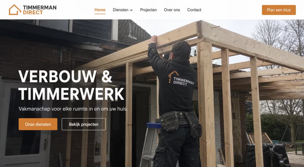 Voorbeeld timmermanswebsite — Timmerman Direct (Verbouw & timmerwerk · fris)