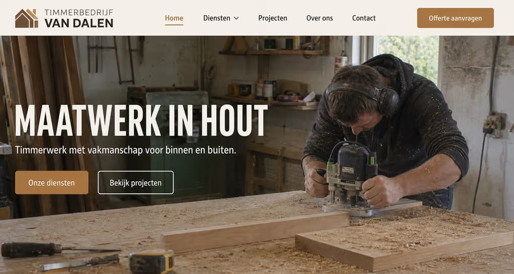 Voorbeeld timmermanswebsite — Timmerbedrijf Van Dalen (Timmerman · maatwerk)