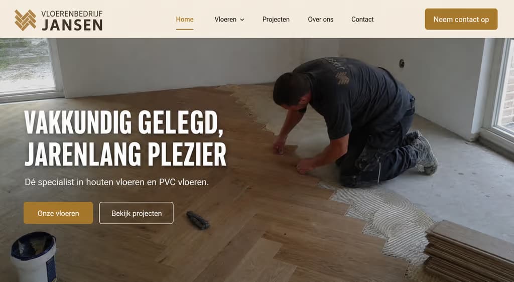Voorbeeld vloerleggerswebsite — Vloerenbedrijf Jansen (Familiebedrijf · vertrouwd)