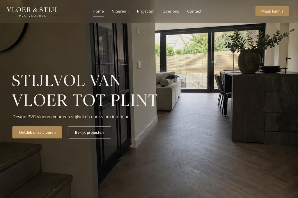 Voorbeeld vloerleggerswebsite — Vloer & Stijl (PVC & laminaat · luxe)