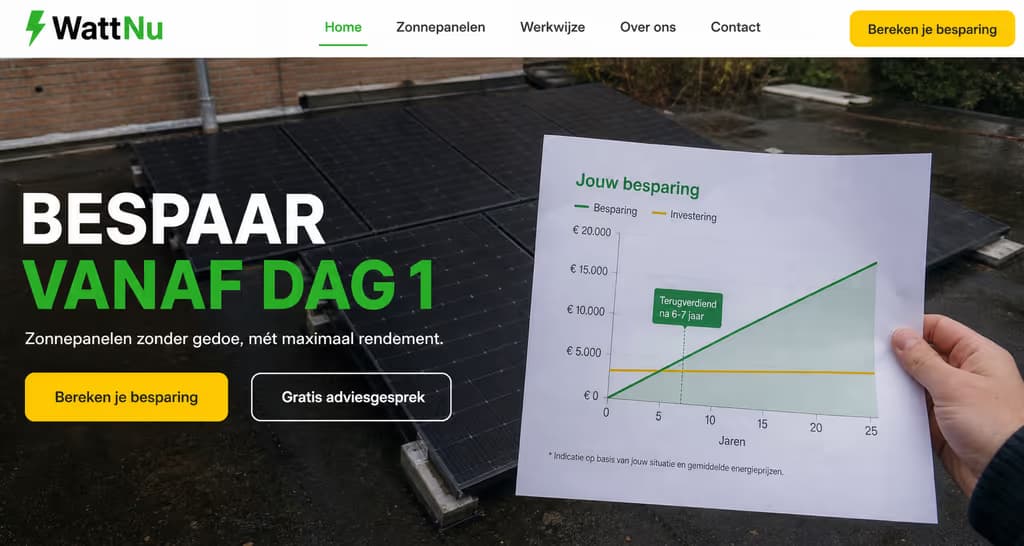 Voorbeeld zonnepanelen-website — WattNu (Besparen · direct)