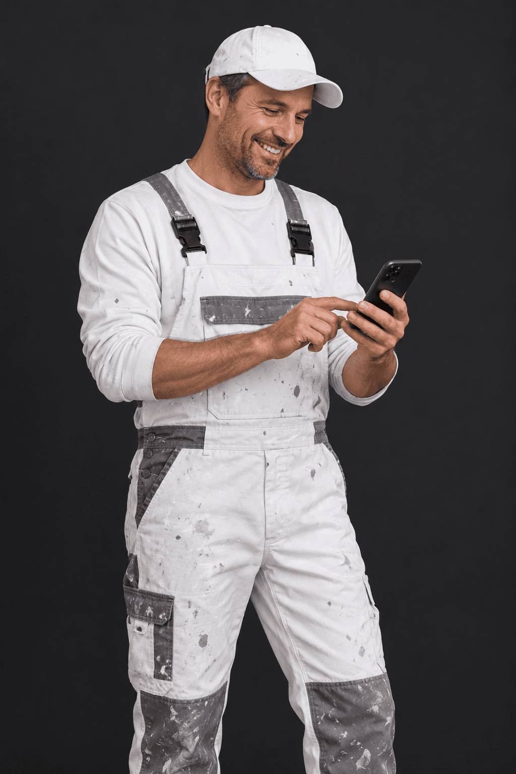 Vakman bekijkt tevreden zijn telefoon